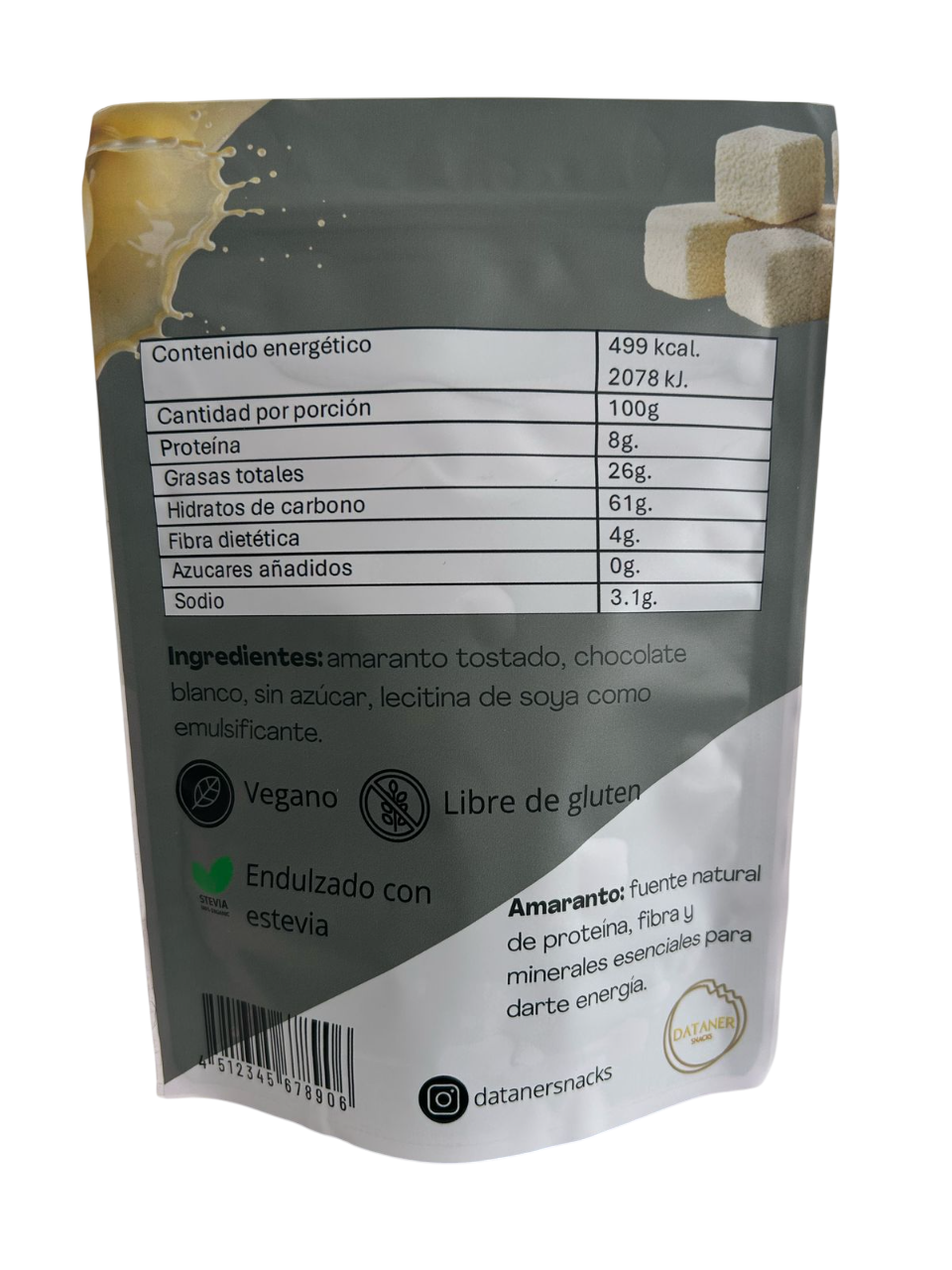 Cubos de amaranto gourmet sabor chocolate blanco.